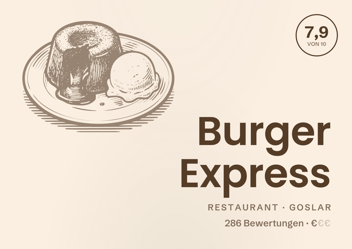 Illustriertes Poster von Burger Express, Restaurant in Goslar: Bewertung 7,9 von 10 aus 286 Bewertungen, Preisniveau €