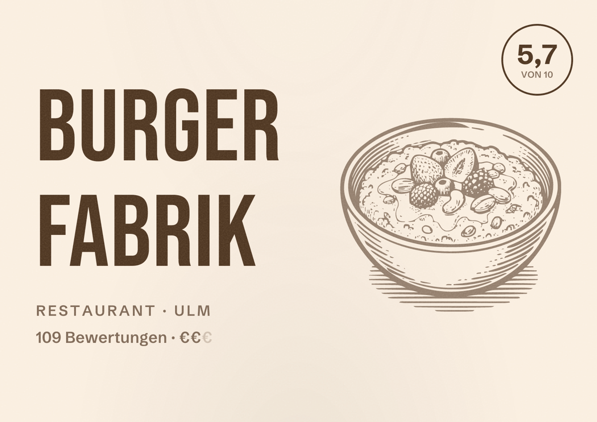 Illustriertes Poster von Burger Fabrik, Restaurant in Ulm: Bewertung 5,7 von 10 aus 109 Bewertungen, Preisniveau €€