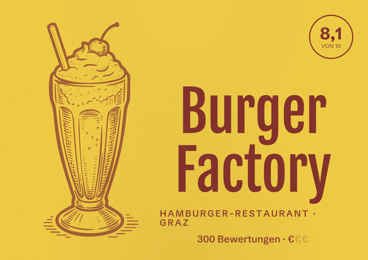 Illustriertes Poster von Burger Factory, Hamburger-Restaurant in Graz: Bewertung 8,1 von 10 aus 300 Bewertungen, Preisniveau €