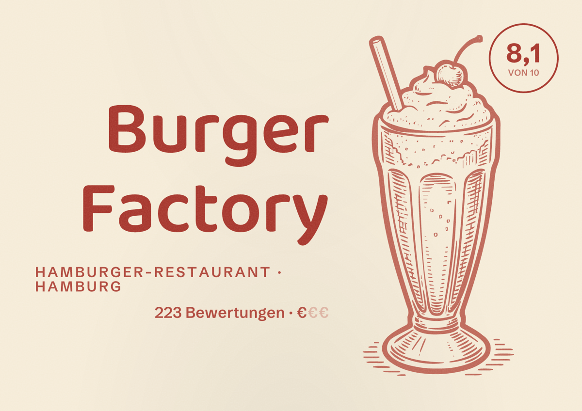 Illustriertes Poster von Burger Factory, Hamburger-Restaurant in Hamburg: Bewertung 8,1 von 10 aus 223 Bewertungen, Preisniveau €