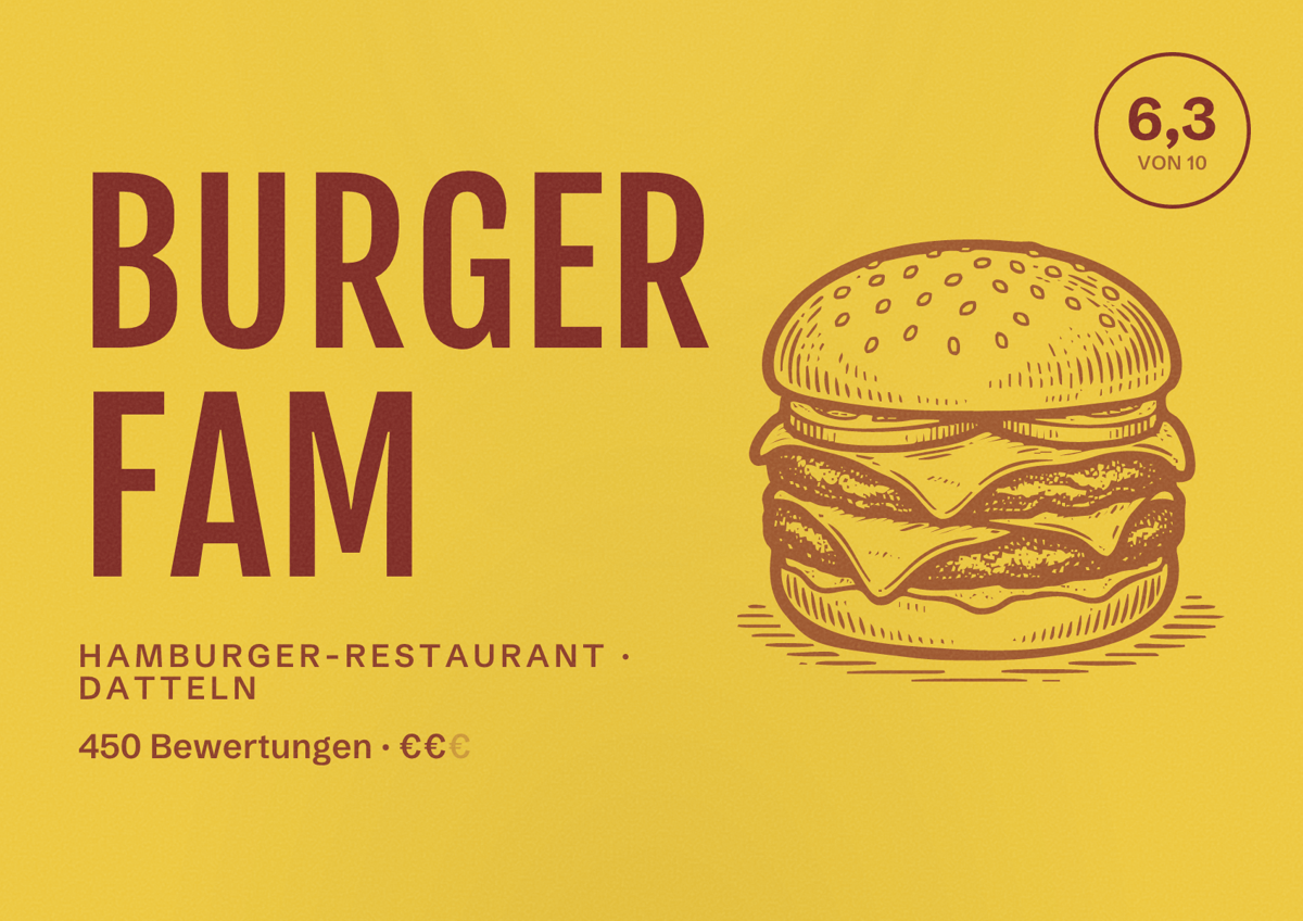 Illustriertes Poster von Burger Fam, Hamburger-Restaurant in Datteln: Bewertung 6,3 von 10 aus 450 Bewertungen, Preisniveau €€
