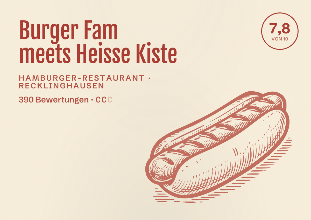 Illustriertes Poster von Burger Fam meets Heisse Kiste, Hamburger-Restaurant in Recklinghausen: Bewertung 7,8 von 10 aus 390 Bewertungen, Preisniveau €€