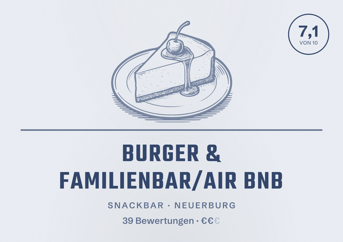 Illustriertes Poster von Burger & Familienbar/Air Bnb, Snackbar in Neuerburg: Bewertung 7,1 von 10 aus 39 Bewertungen, Preisniveau €€