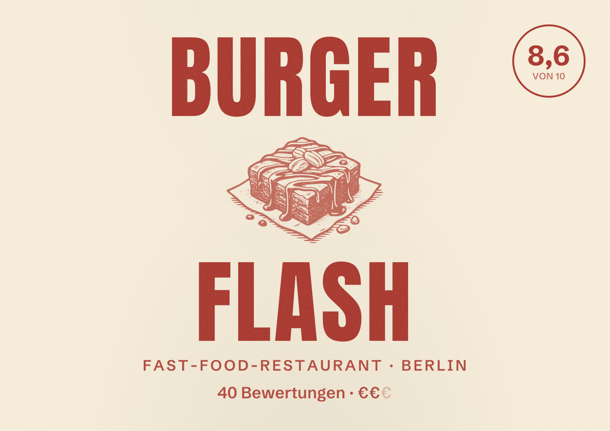 Illustriertes Poster von Burger Flash, Fast-Food-Restaurant in Berlin: Bewertung 8,6 von 10 aus 40 Bewertungen, Preisniveau €€