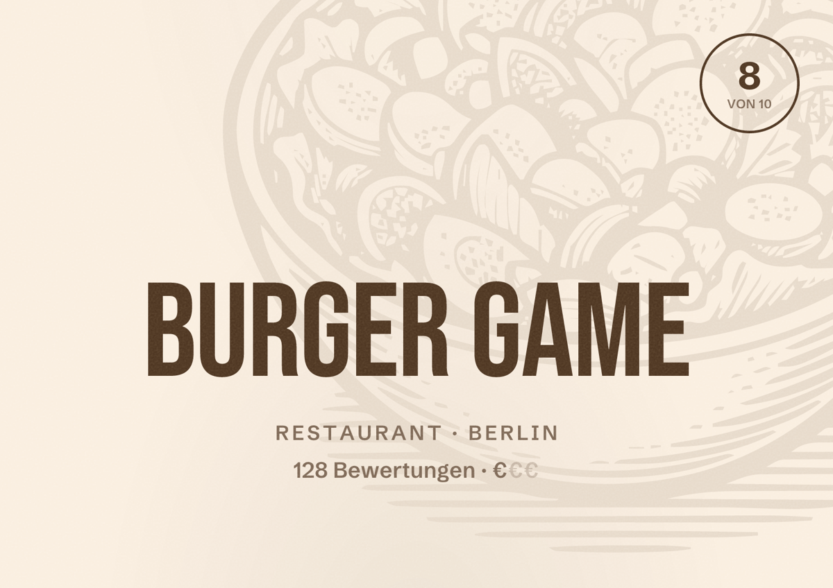 Illustriertes Poster von Burger Game, Restaurant in Berlin: Bewertung 8,0 von 10 aus 128 Bewertungen, Preisniveau €