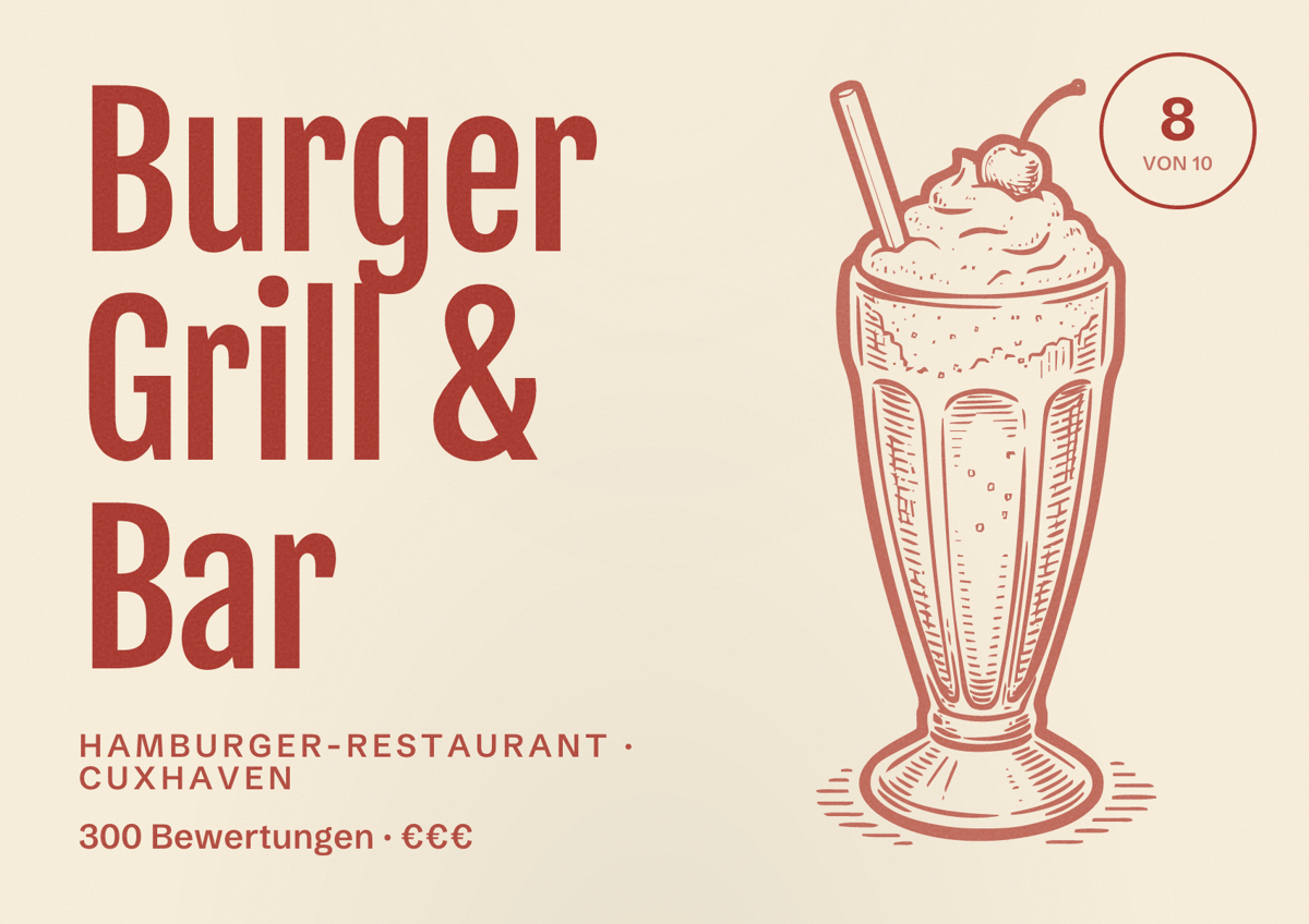 Illustriertes Poster von Burger Grill & Bar, Hamburger-Restaurant in Cuxhaven: Bewertung 8 von 10 aus 300 Bewertungen, Preisniveau €€€