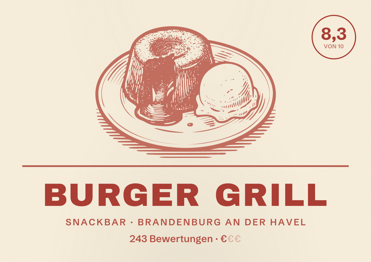 Illustriertes Poster von Burger Grill, Snackbar in Brandenburg an der Havel: Bewertung 8,3 von 10 aus 243 Bewertungen, Preisniveau €