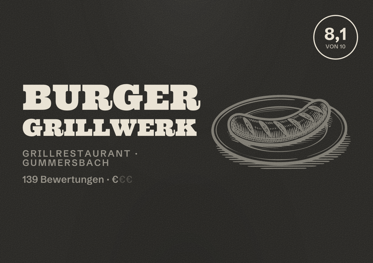 Illustriertes Poster von Burger Grillwerk, Grillrestaurant in Gummersbach: Bewertung 8,1 von 10 aus 139 Bewertungen, Preisniveau €