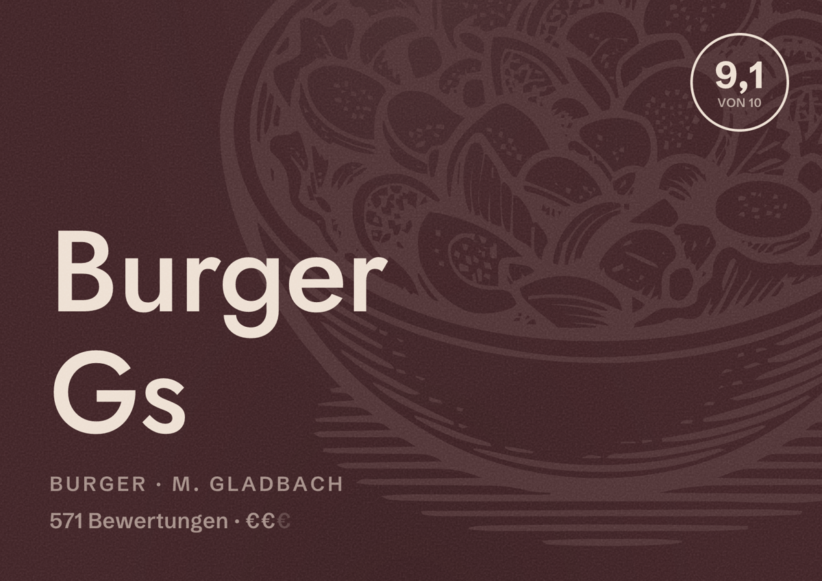 Illustriertes Poster von Burger Gs, Burger in M. Gladbach: Bewertung 9,1 von 10 aus 571 Bewertungen, Preisniveau €€