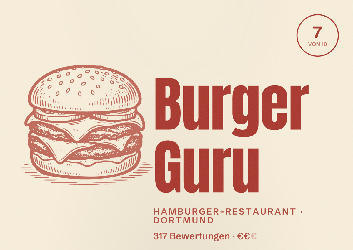 Illustriertes Poster von Burger Guru, Hamburger-Restaurant in Dortmund: Bewertung 7 von 10 aus 317 Bewertungen, Preisniveau €€