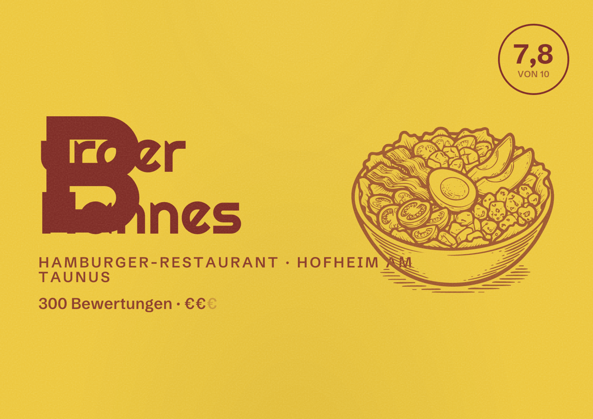 Illustriertes Poster von Burger Hannes, Hamburger-Restaurant in Hofheim am Taunus: Bewertung 7,8 von 10 aus 300 Bewertungen, Preisniveau €€