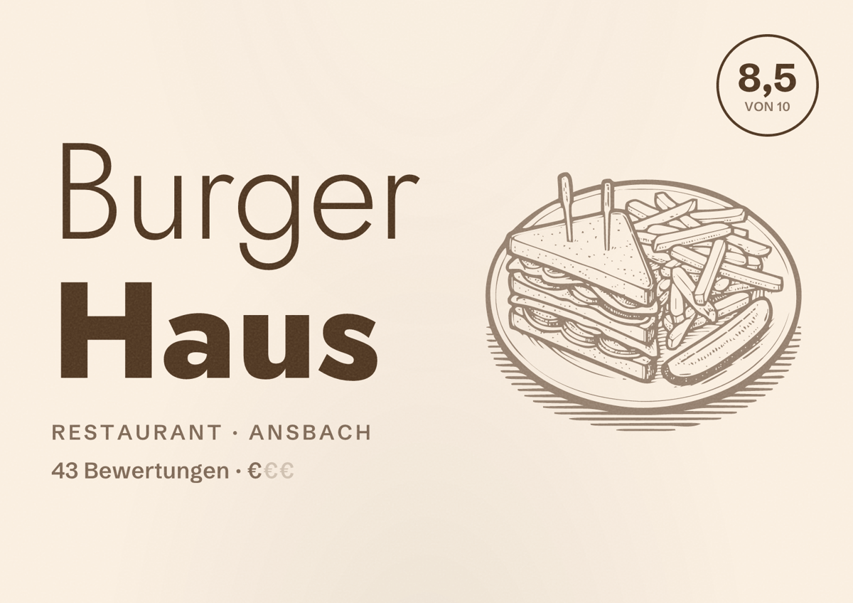 Illustriertes Poster von Burger Haus, Restaurant in Ansbach: Bewertung 8,5 von 10 aus 43 Bewertungen, Preisniveau €
