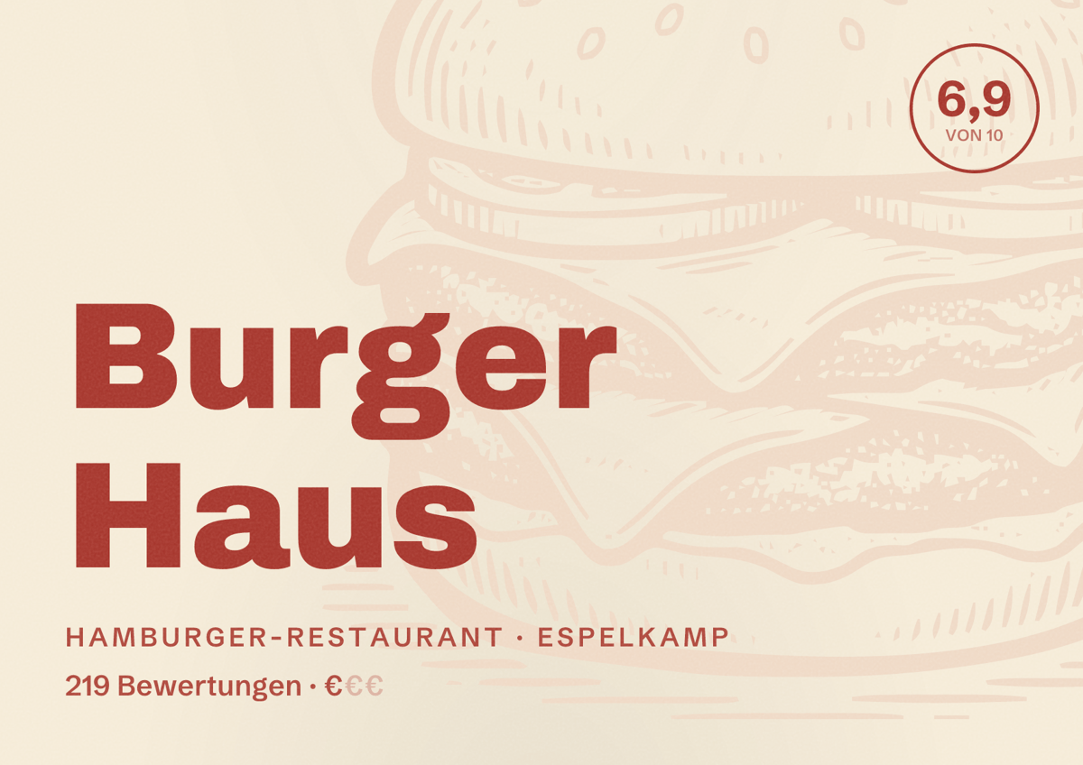 Illustriertes Poster von Burger Haus, Hamburger-Restaurant in Espelkamp: Bewertung 6,9 von 10 aus 219 Bewertungen, Preisniveau €