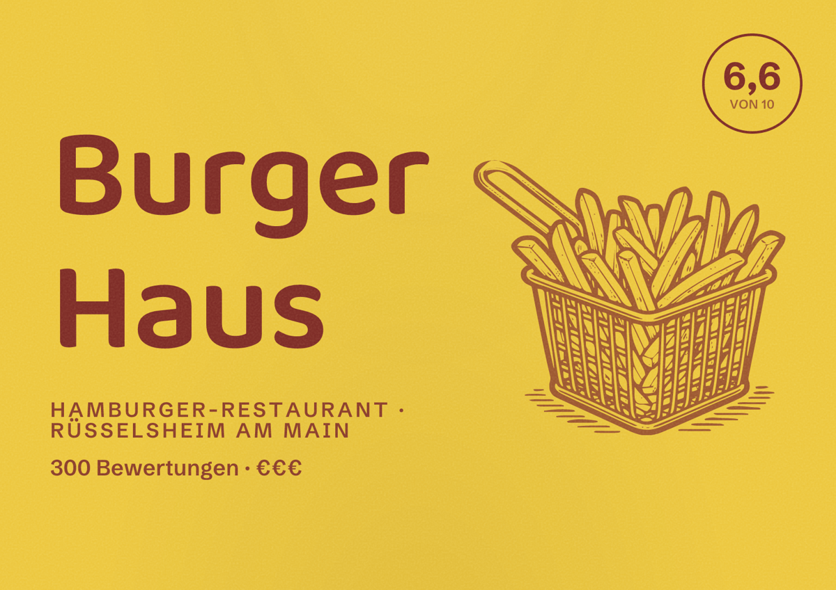 Illustriertes Poster von Burger Haus, Hamburger-Restaurant in Rüsselsheim am Main: Bewertung 6,6 von 10 aus 300 Bewertungen, Preisniveau €€€