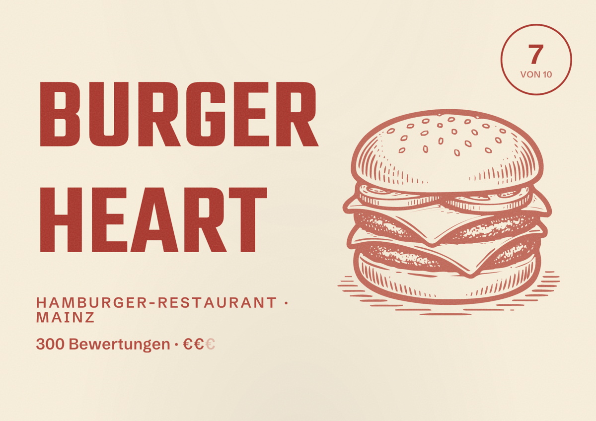 Illustriertes Poster von Burger Heart, Hamburger-Restaurant in Mainz: Bewertung 7 von 10 aus 300 Bewertungen, Preisniveau €€