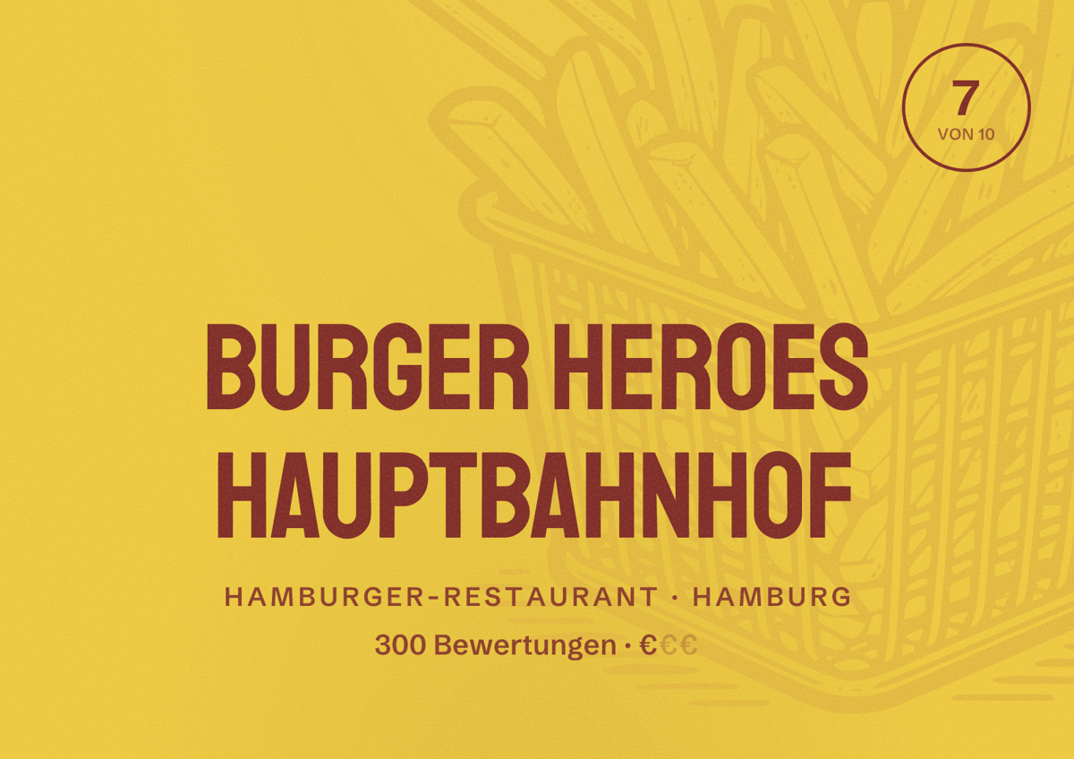 Illustriertes Poster von Burger Heroes Hauptbahnhof, Hamburger-Restaurant in Hamburg: Bewertung 7,0 von 10 aus 300 Bewertungen, Preisniveau €