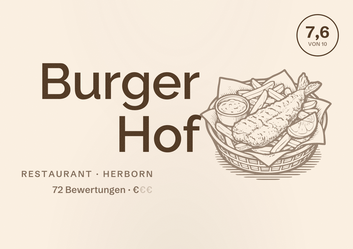 Illustriertes Poster von Burger Hof, Restaurant in Herborn: Bewertung 7,6 von 10 aus 72 Bewertungen, Preisniveau €