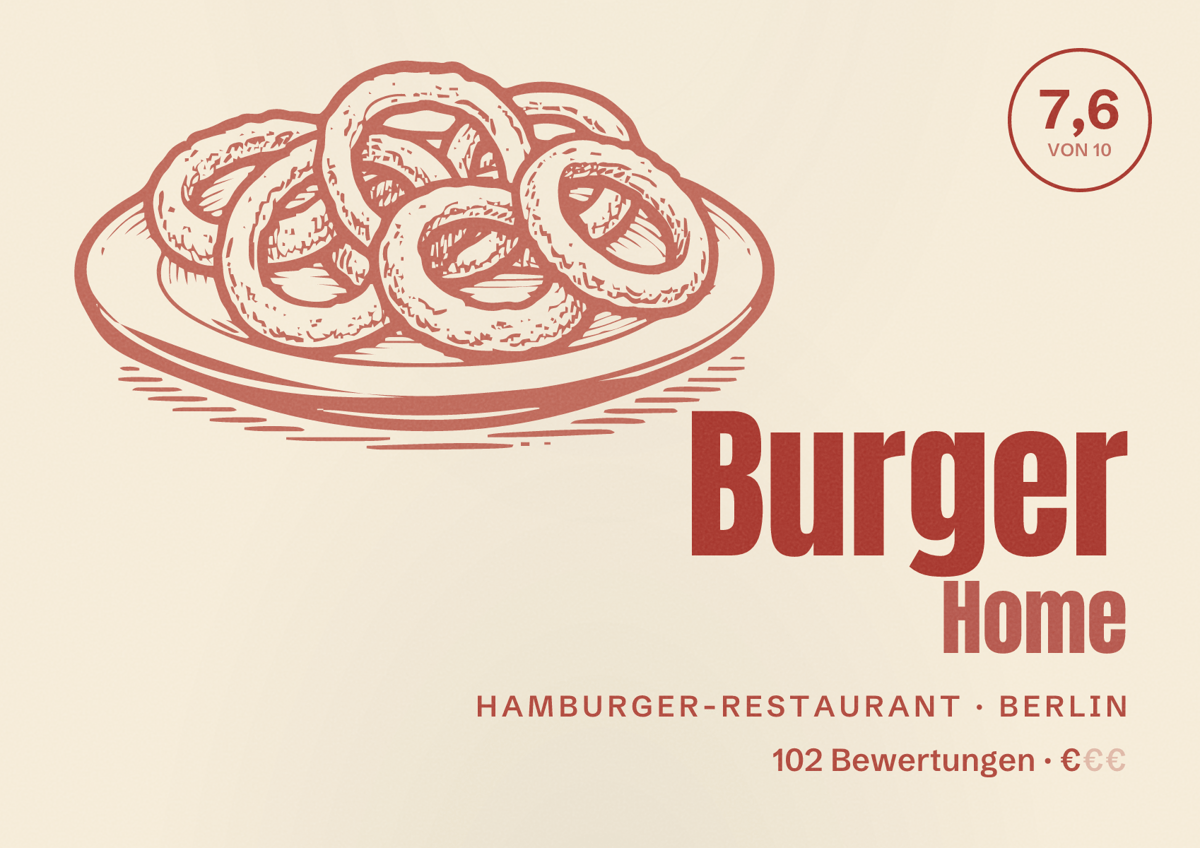 Illustriertes Poster von Burger Home, Hamburger-Restaurant in Berlin: Bewertung 7,6 von 10 aus 102 Bewertungen, Preisniveau €