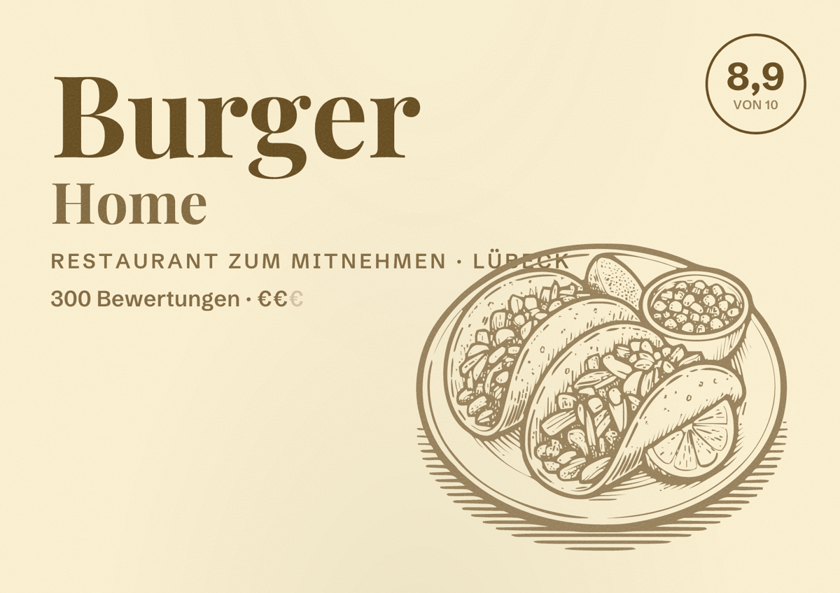 Illustriertes Poster von Burger Home, Restaurant zum Mitnehmen in Lübeck: Bewertung 8,9 von 10 aus 300 Bewertungen, Preisniveau €€