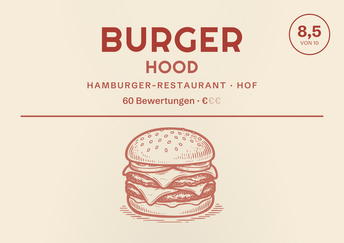 Illustriertes Poster von Burger Hood, Hamburger-Restaurant in Hof: Bewertung 8,5 von 10 aus 60 Bewertungen, Preisniveau €