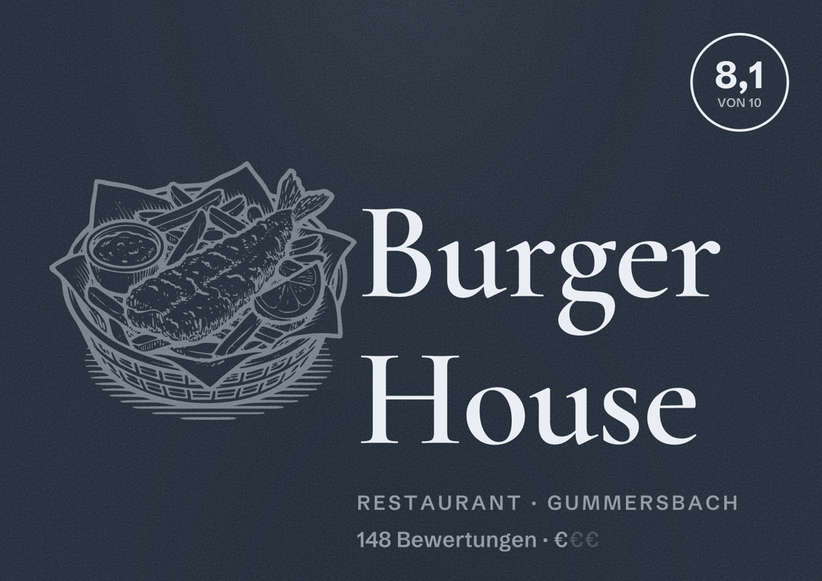 Illustriertes Poster von Burger House, Restaurant in Gummersbach: Bewertung 8,1 von 10 aus 148 Bewertungen, Preisniveau €