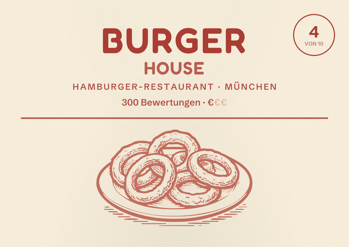 Illustriertes Poster von Burger House, Hamburger-Restaurant in München: Bewertung 4,0 von 10 aus 300 Bewertungen, Preisniveau €