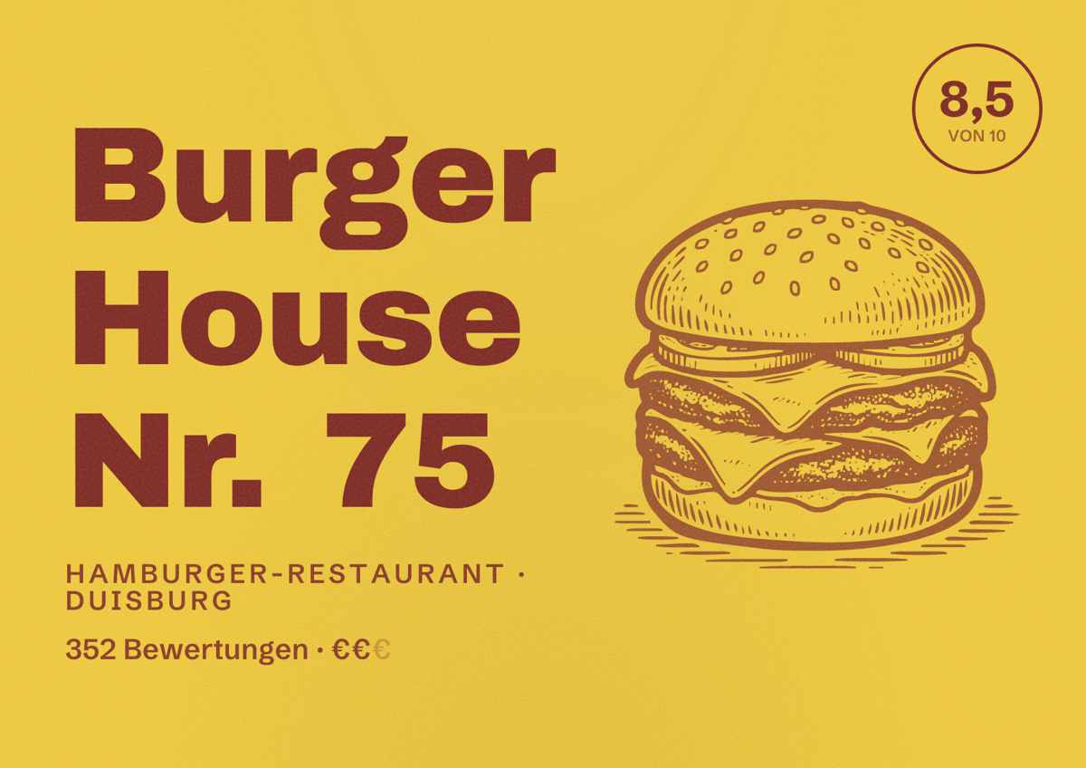 Illustriertes Poster von Burger House Nr. 75, Hamburger-Restaurant in Duisburg: Bewertung 8,5 von 10 aus 352 Bewertungen, Preisniveau €€
