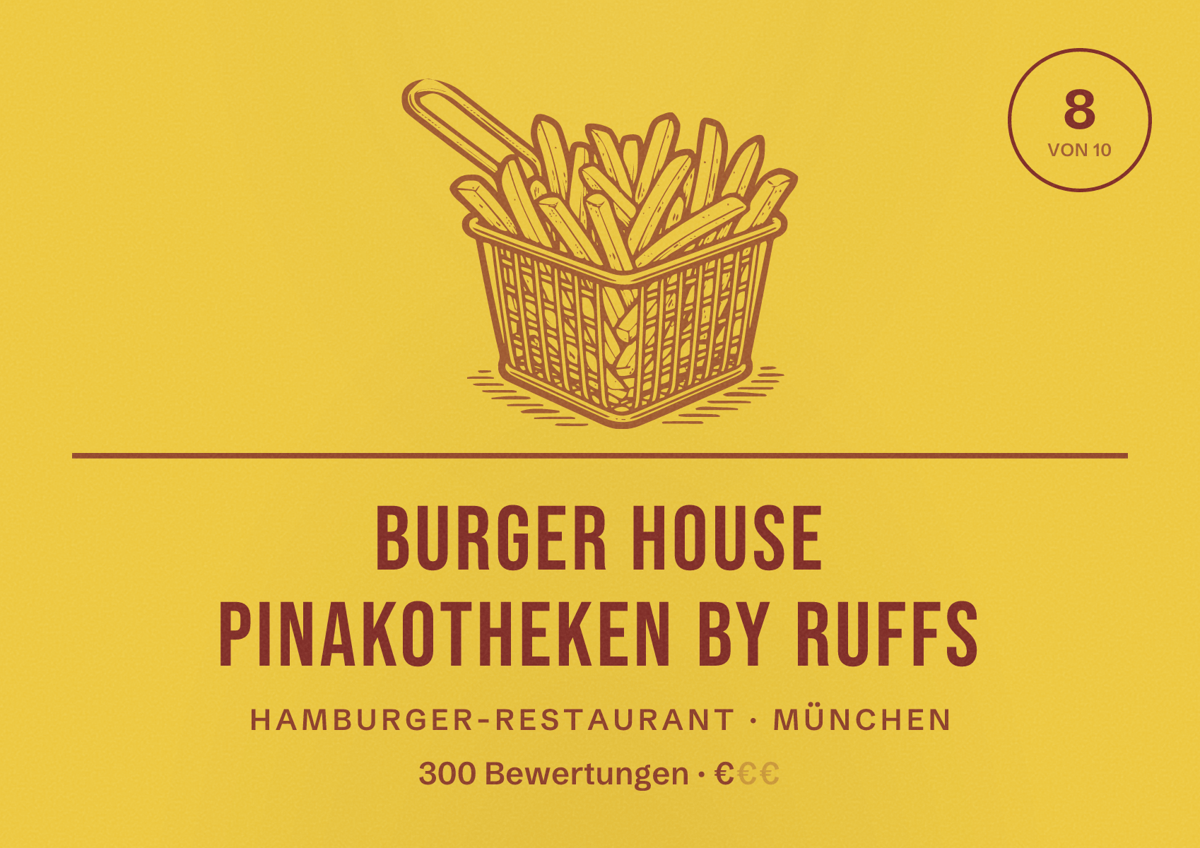Illustriertes Poster von Burger House Pinakotheken by Ruffs, Hamburger-Restaurant in München: Bewertung 8,0 von 10 aus 300 Bewertungen, Preisniveau €