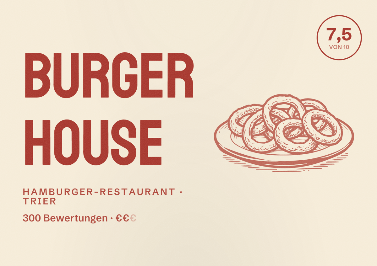 Illustriertes Poster von Burger House, Hamburger-Restaurant in Trier: Bewertung 7,5 von 10 aus 300 Bewertungen, Preisniveau €€