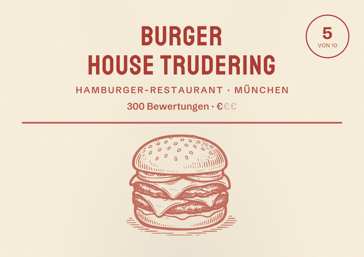Illustriertes Poster von Burger House Trudering, Hamburger-Restaurant in München: Bewertung 5,0 von 10 aus 300 Bewertungen, Preisniveau €