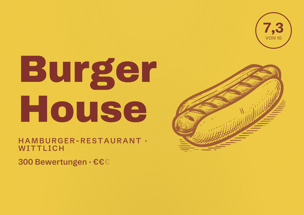 Illustriertes Poster von Burger House, Hamburger-Restaurant in Wittlich: Bewertung 7,3 von 10 aus 300 Bewertungen, Preisniveau €€