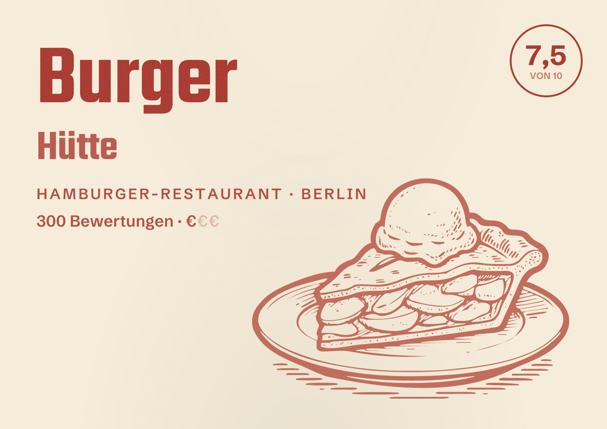 Illustriertes Poster von Burger Hütte, Hamburger-Restaurant in Berlin: Bewertung 7,5 von 10 aus 300 Bewertungen, Preisniveau €