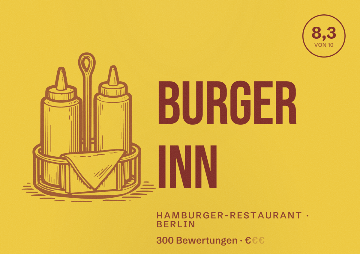 Illustriertes Poster von Burger Inn, Hamburger-Restaurant in Berlin: Bewertung 8,3 von 10 aus 300 Bewertungen, Preisniveau €
