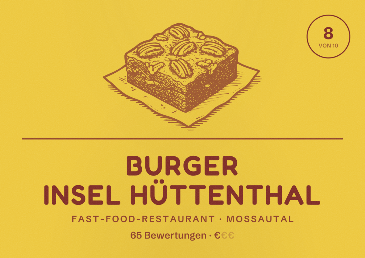Illustriertes Poster von Burger Insel Hüttenthal, Fast-Food-Restaurant in Mossautal: Bewertung 8 von 10 aus 65 Bewertungen, Preisniveau €