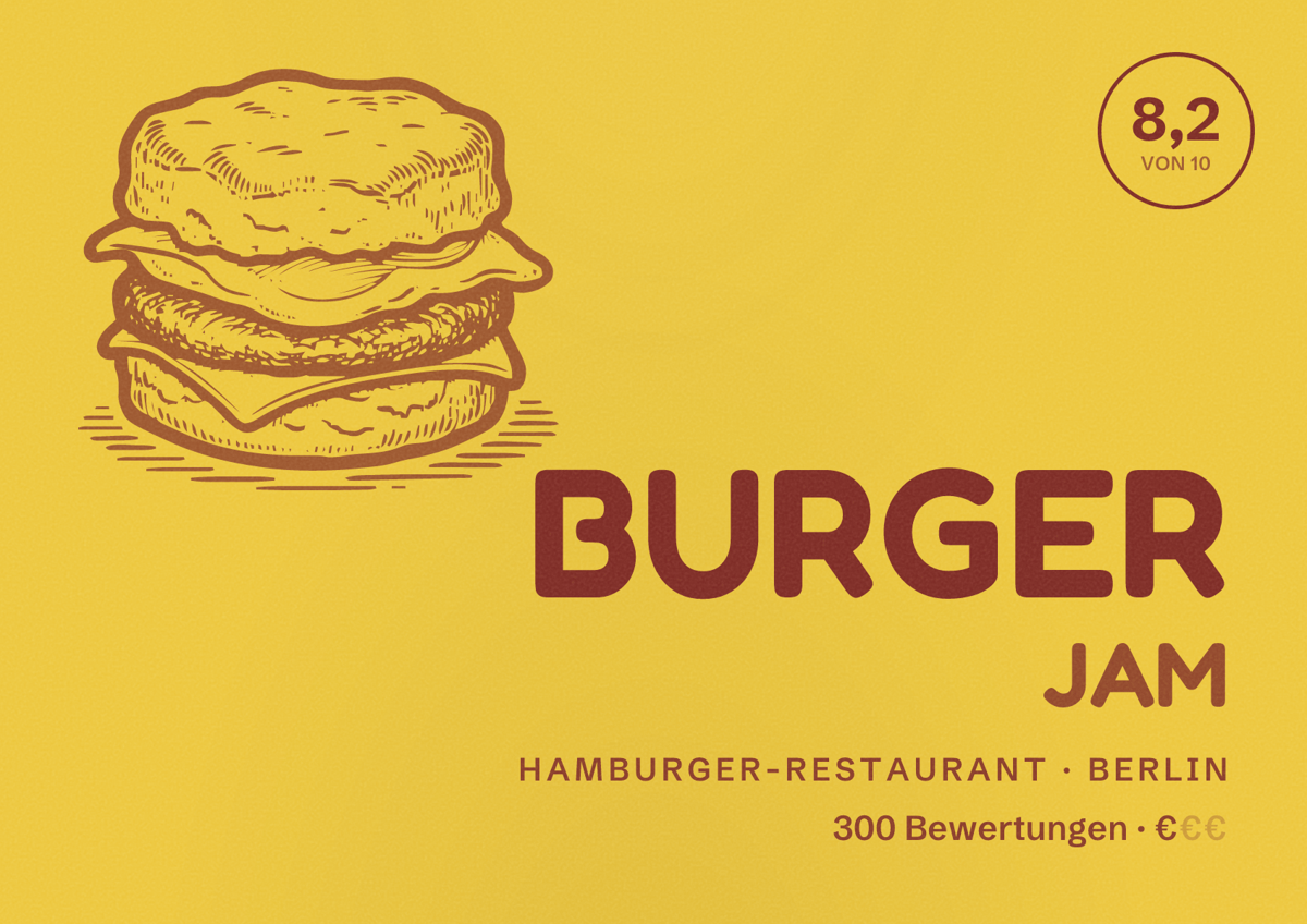 Illustriertes Poster von BURGER JAM, Hamburger-Restaurant in Berlin: Bewertung 8,2 von 10 aus 300 Bewertungen, Preisniveau €