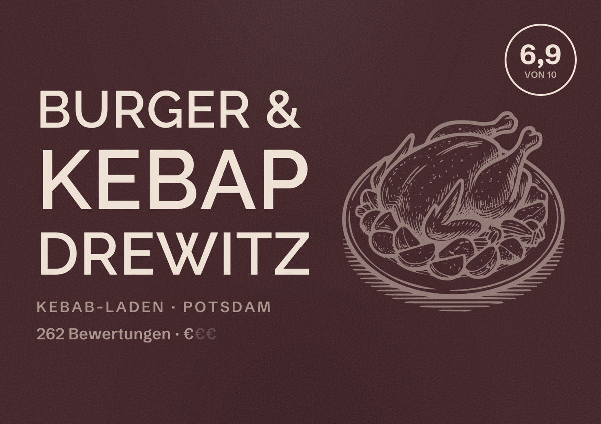 Illustriertes Poster von Burger & Kebap Drewitz, Kebab-Laden in Potsdam: Bewertung 6,9 von 10 aus 262 Bewertungen, Preisniveau €