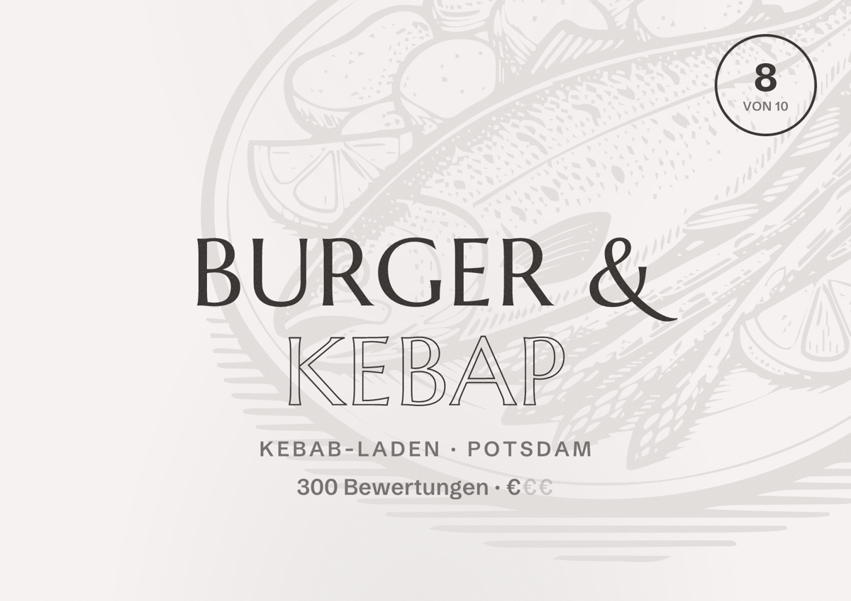 Illustriertes Poster von Burger & Kebap, Kebab-Laden in Potsdam: Bewertung 8 von 10 aus 300 Bewertungen, Preisniveau €