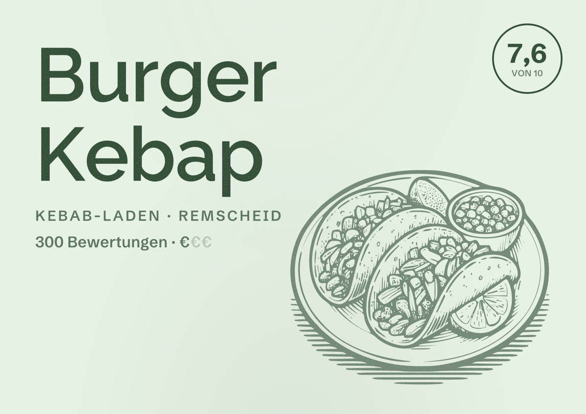 Illustriertes Poster von Burger Kebap, Kebab-Laden in Remscheid: Bewertung 7,6 von 10 aus 300 Bewertungen, Preisniveau €