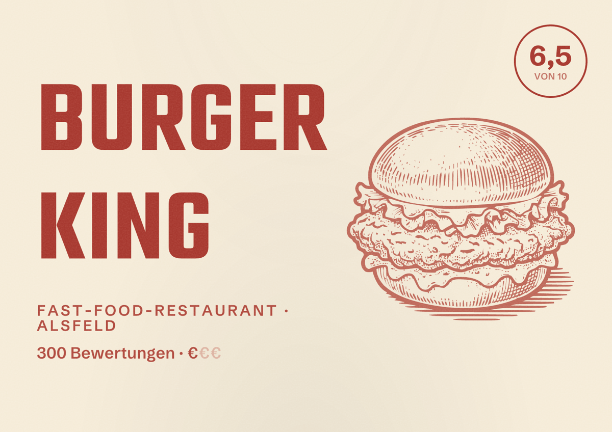 Illustriertes Poster von Burger King, Fast-Food-Restaurant in Alsfeld: Bewertung 6,5 von 10 aus 300 Bewertungen, Preisniveau €