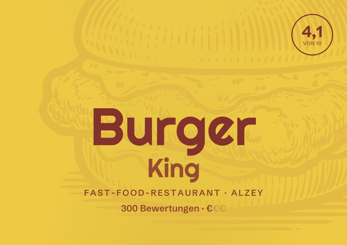 Illustriertes Poster von Burger King, Fast-Food-Restaurant in Alzey: Bewertung 4,1 von 10 aus 300 Bewertungen, Preisniveau €