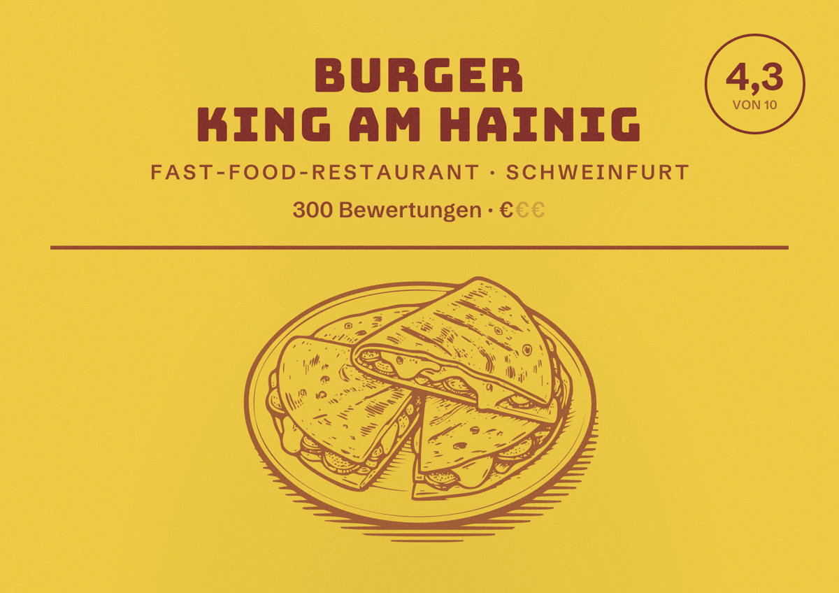 Illustriertes Poster von Burger King am Hainig, Fast-Food-Restaurant in Schweinfurt: Bewertung 4,3 von 10 aus 300 Bewertungen, Preisniveau €