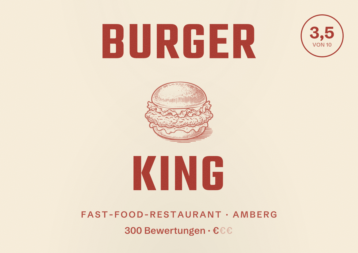 Illustriertes Poster von Burger King, Fast-Food-Restaurant in Amberg: Bewertung 3,5 von 10 aus 300 Bewertungen, Preisniveau €