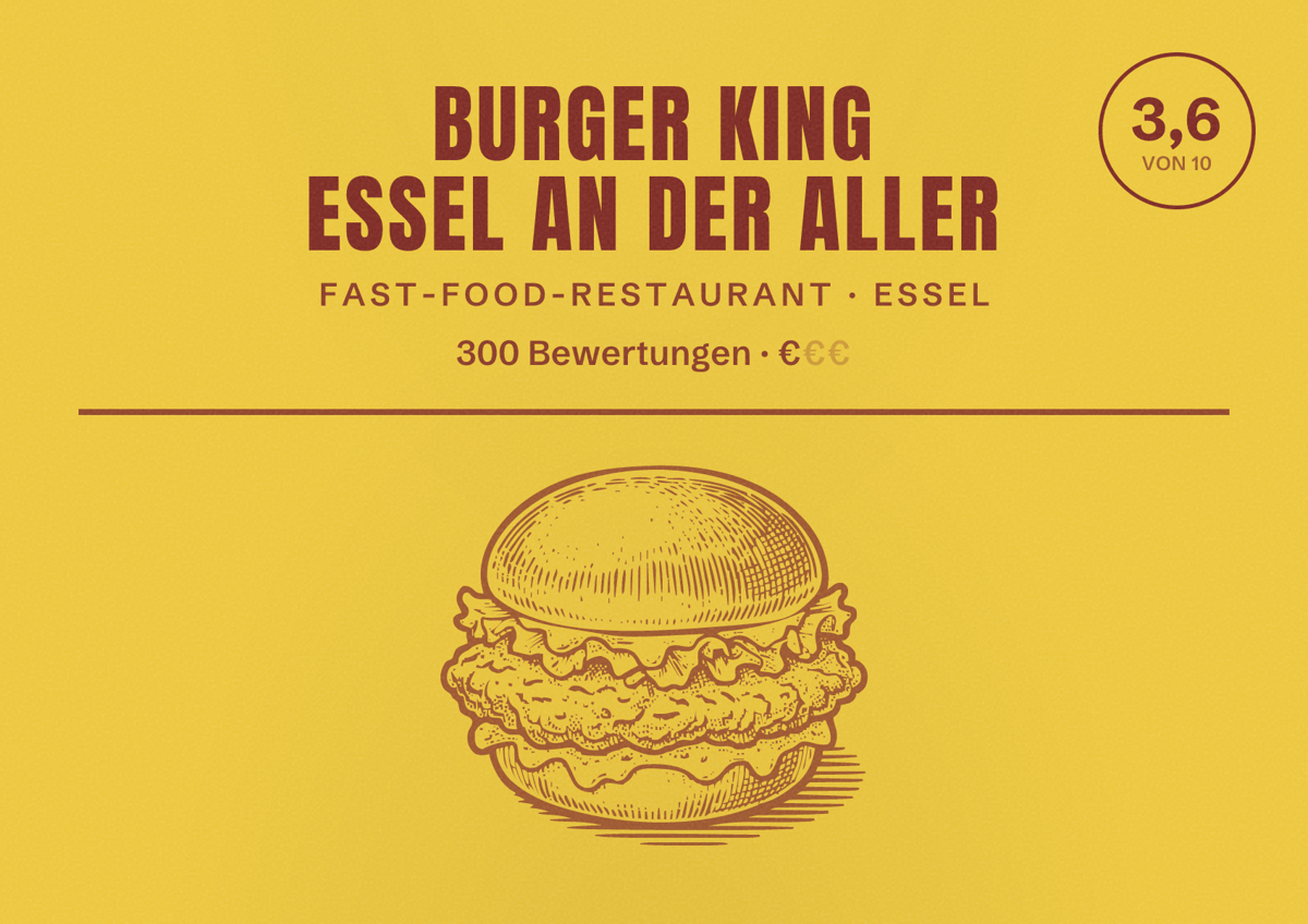 Illustriertes Poster von Burger King Essel an der Aller, Fast-Food-Restaurant in Essel: Bewertung 3,6 von 10 aus 300 Bewertungen, Preisniveau €