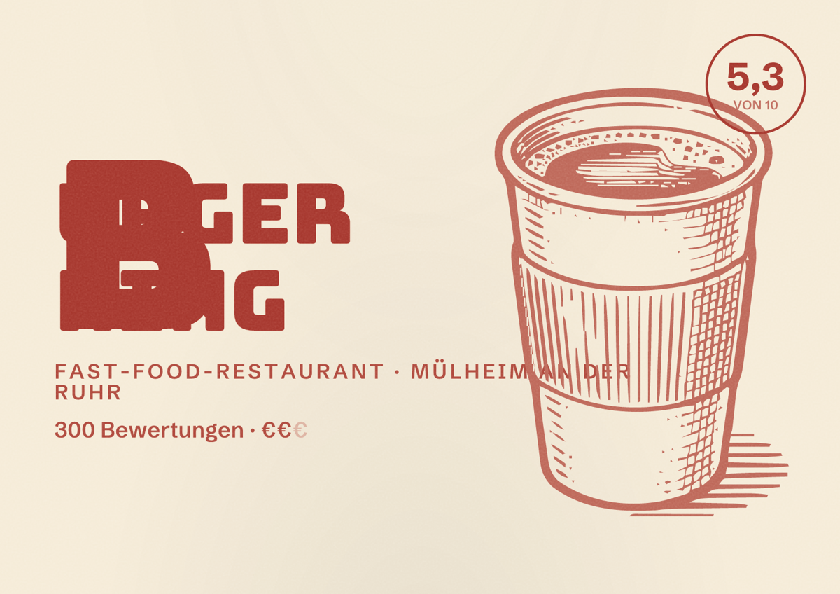 Illustriertes Poster von Burger King, Fast-Food-Restaurant in Mülheim an der Ruhr: Bewertung 5,3 von 10 aus 300 Bewertungen, Preisniveau €€