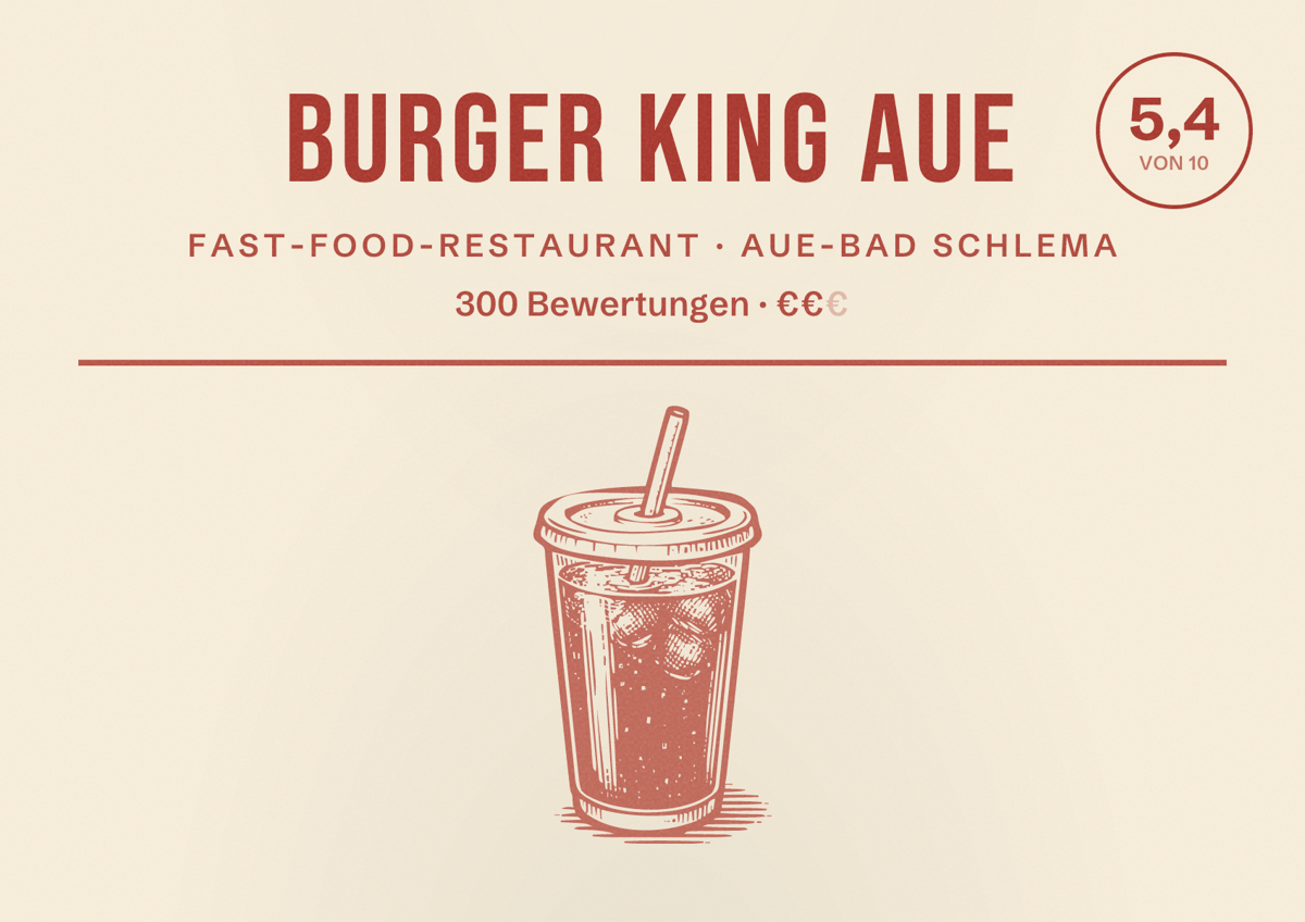 Illustriertes Poster von Burger King Aue, Fast-Food-Restaurant in Aue-Bad Schlema: Bewertung 5,4 von 10 aus 300 Bewertungen, Preisniveau €€