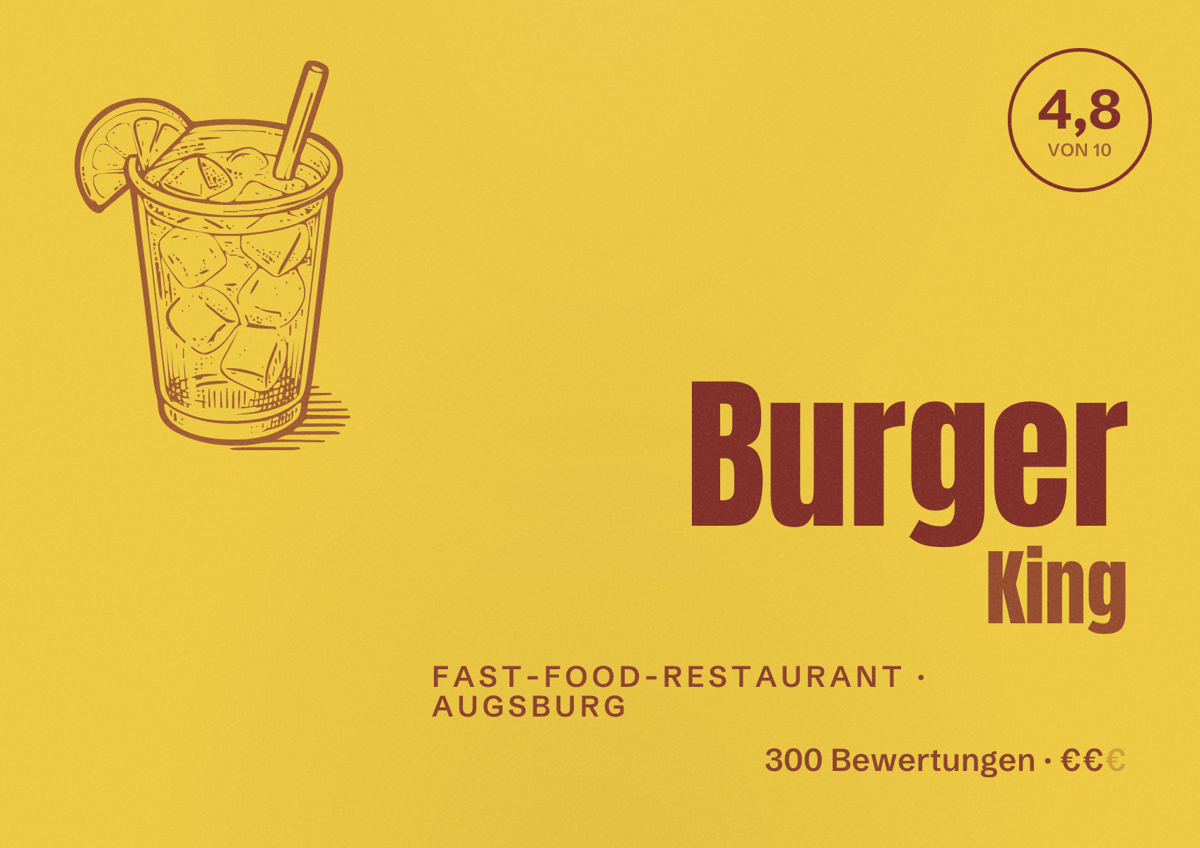 Illustriertes Poster von Burger King, Fast-Food-Restaurant in Augsburg: Bewertung 4,8 von 10 aus 300 Bewertungen, Preisniveau €€
