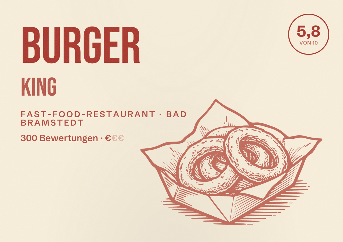Illustriertes Poster von Burger King, Fast-Food-Restaurant in Bad Bramstedt: Bewertung 5,8 von 10 aus 300 Bewertungen, Preisniveau €
