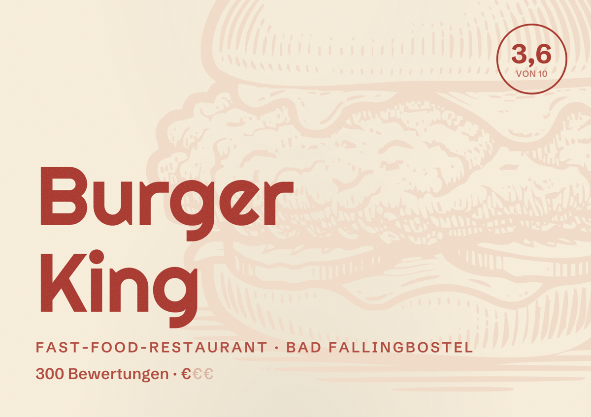Illustriertes Poster von Burger King, Fast-Food-Restaurant in Bad Fallingbostel: Bewertung 3,6 von 10 aus 300 Bewertungen, Preisniveau €