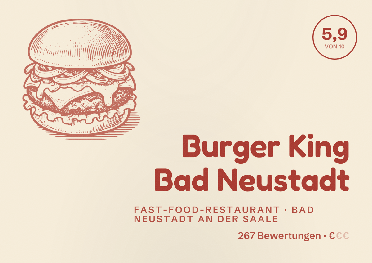 Illustriertes Poster von Burger King Bad Neustadt, Fast-Food-Restaurant in Bad Neustadt an der Saale: Bewertung 5,9 von 10 aus 267 Bewertungen, Preisniveau €