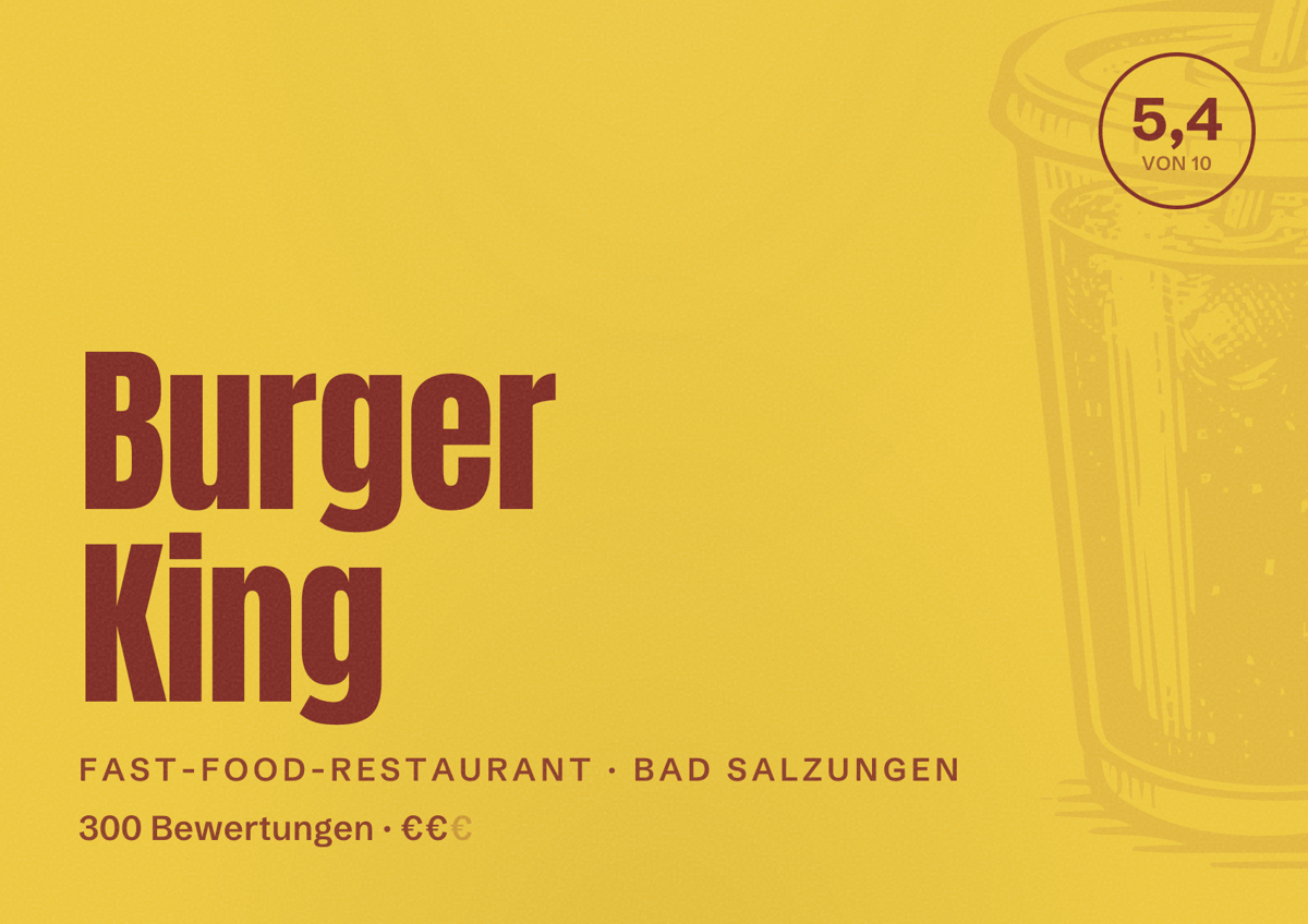 Illustriertes Poster von Burger King, Fast-Food-Restaurant in Bad Salzungen: Bewertung 5,4 von 10 aus 300 Bewertungen, Preisniveau €€